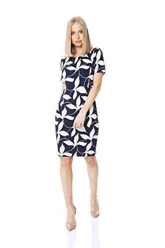 Roman Originals Women Floral Print Shift Dress Ladies Textured Bodycon Work Smart Office Business Occasion Pencil Fitted Tight Tailored Short Sleeve Round Crew Neck - Navy - Size 10