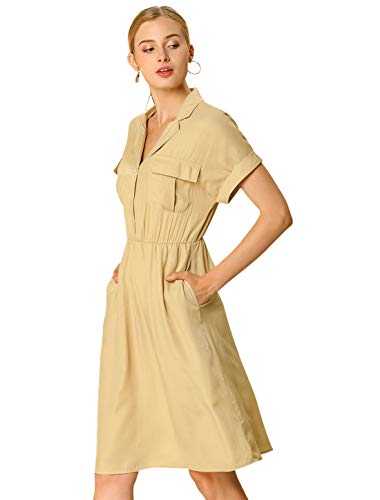 Allegra K Women's Notched Lapel Elastic Waist A-Line Shirt Dress with Pockets XS Khaki
