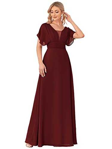 Ever-Pretty Women's Ruffle Short Sleeves V Neck Empire Waist Elegant Maxi Weeding Guest Dresses Burgundy 18UK