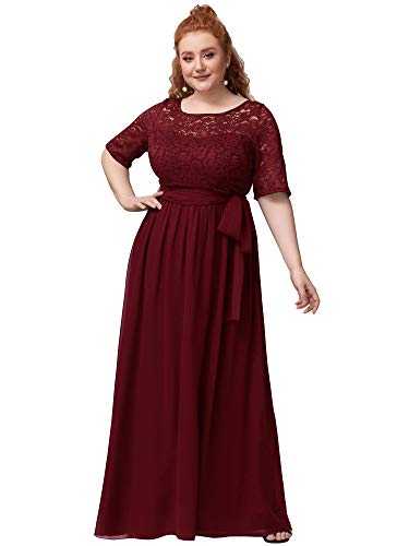 Ever-Pretty Women's Round Neck Half Sleeve Floor Length Empire Waist A Line Lace Chiffon Plus Size Formal Dress Burgundy 20UK