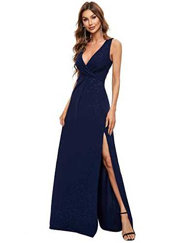 Ever-Pretty Women's Floor Length V Neck High Slit Shimmery Long Prom Dresses, 10, A Navy Blue