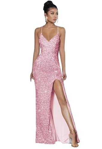 Spaghetti Straps Sequin Prom Dresses V Neck Mermaid Formal Evening Gown with Slit Sparkly Party Dress for Women