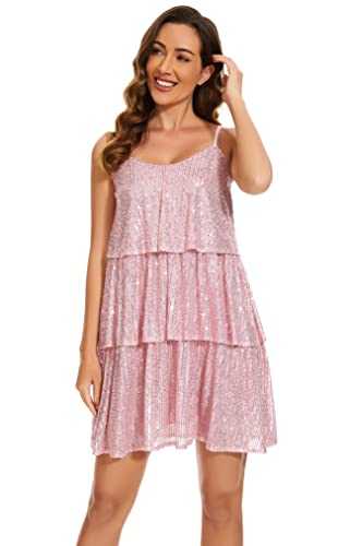 FANSI NOVA Women's Glitter Sequin Dress Adjustable Spaghetti Strap V Neck Fashion Sparkle Layered Evening Party Dress