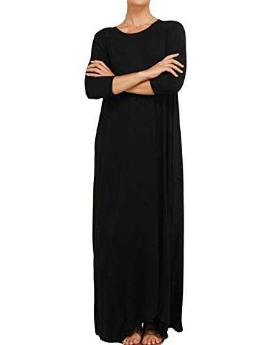 YOINS Women's Loose Maxi Dress 3/4 Long Sleeve Dress Round Neck Spring Casual Baggy Solid Long Dresses with Pockets Black M