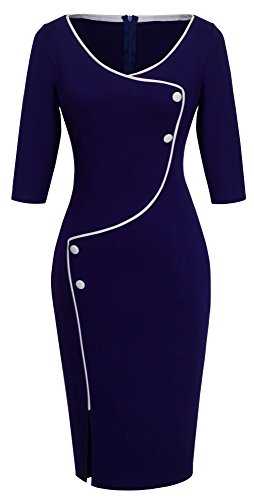 HOMEYEE Women's Elegant Dark Blue Button Sleeve Slim Evening Party Buiness Bodycon Dress B329 (UK 10 = Size M, Dark Blue)