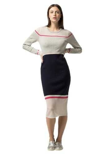 Tommy Hilfiger Women's GELDA Sheer Contrast Dress, Grey (Light Grey HTR/Peacoat/Magenta 902), 38 (Size: Medium)
