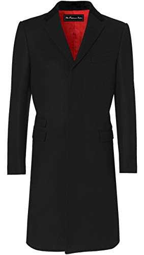 The Platinum Tailor Mens Black Overcoat Wool & Cashmere Covert Warm Winter Mod Cromby Coat Velvet Collar & Red Satin