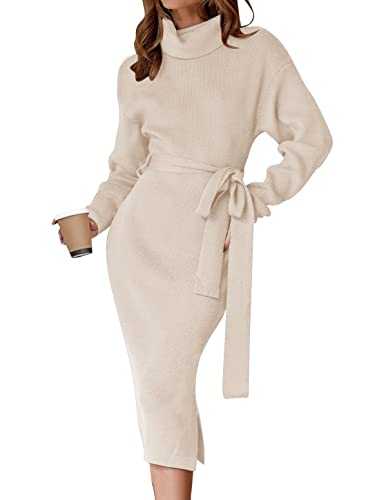 ZESICA Women's Turtleneck Sweater Midi Dress Long Sleeve Ribbed Knit Bodycon Slit Dress with Belt