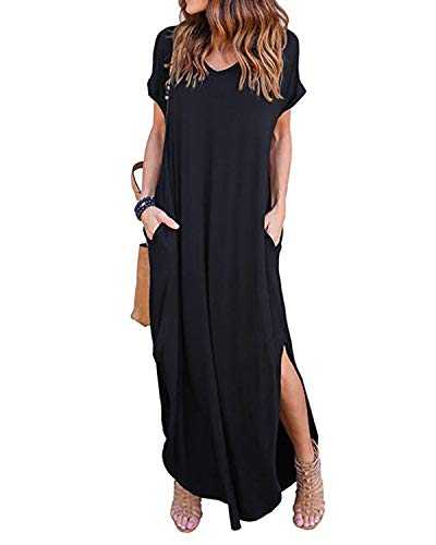KIDSFORM Women Maxi Dress Side Split Casual Loose Pockets Sundress Short Sleeve Summer Beach T-Shirt Dress Black Size XXL/UK 18