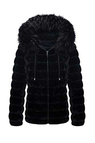 BELLIVERA Women Double Sided Faux Fur Jacket with Fur Collar, Winter Warm Puffer Coat Padded Hooded Overcoat