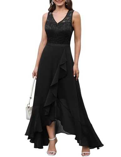 Meetjen Prom Dress for Women Long Lace Chiffon Ruffle Asymmetrical Hem A-line Formal Wedding Guest Dress