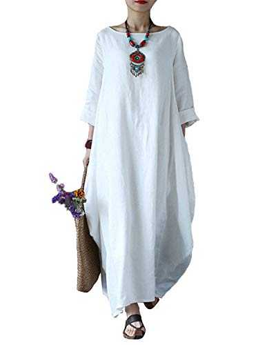 VONDA Women's Boat Neck Batwing Solid Cotton Gown Kaftan Loose Long Maxi Dress White S