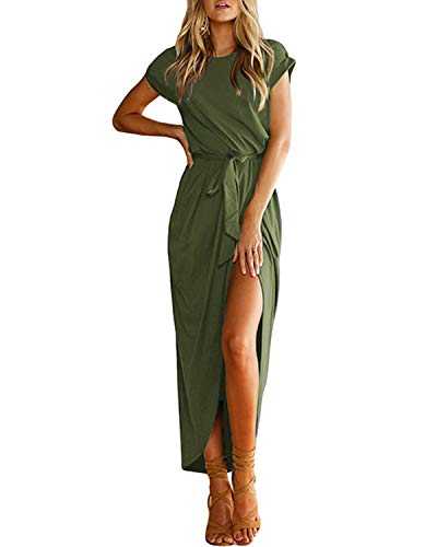 YOINS Women Maxi Dresses Summer Short Sleeve Round Neck Dress Sexy Split Long Dresses Evening Z-Army Green S