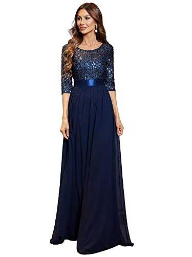 Ever-Pretty Women's Elegant 3/4 Sleeves Sequin Empire Waist A Line Chiffon Wedding Party Dresses Navy Blue 22UK