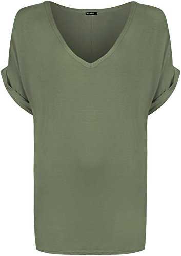 WearAll Women's New Plus Size Womens Short Turn Up Sleeve Baggy Plain Top Ladies V-Neck T-Shirt 8-22