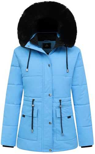 MOERDENG Women's Warm Winter Puffer Coat Thicken Fleece Lined Down Jacket Faux Fur Detachable Hood Snow Parka