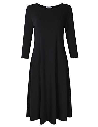 MISSKY Women's 3/4 Long Sleeve Casual Midi Dress with 2 Pockets (Black, Small)