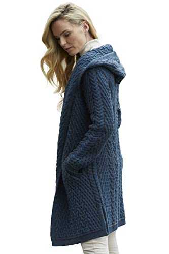 Aran Crafts Women's Cable Knit Herringbone Shawl Hood Coat (100% Merino Wool)