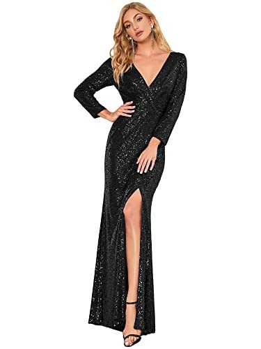 Ever-Pretty Women's V Neck Floor Length Long Sleeve Thigh High Slit Sequin Mermaid Evening Dresses 00824