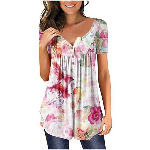 Womens Casual Henley T-Shirts Buton Up V Neck Short Sleeve Pleated Tunic Top Elegant Floral Print Swing Tops Blouse Hide Belly Cute Flowy Henley Tshirt Dressy Blouses for Leggings