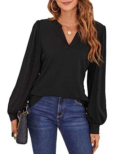 Blooming Jelly Womens Casual V Neck Tops Black Shirts Lantern Long Sleeve Blouses