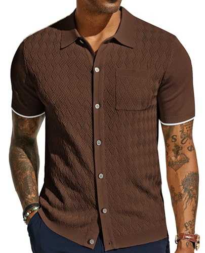 PJ PAUL JONES Mens Polo Shirt Short Sleeve Casual Textured Knit Button Down Polo Shirts with Pocket