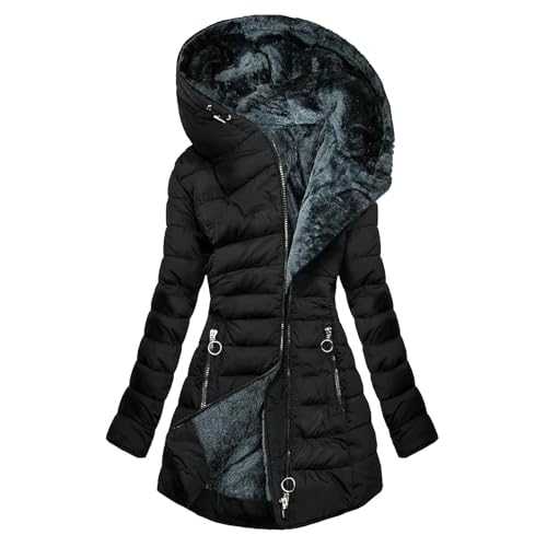 Yolimok Womens Coats Fleece Lined Hooded Jacket Quilted Ladies Parka Coat Mid Length Zipper Outdoor Outwear Down Jackets Plain Outdoor Cotton Thick Warm Padded Winter Coat Plus Size S-5Xl