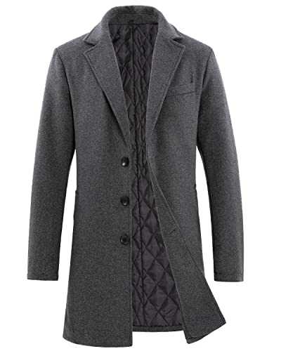 Lisskolo Men's Wool Blend Overcoat with Detachable Hooded Trench Coat Hip Length