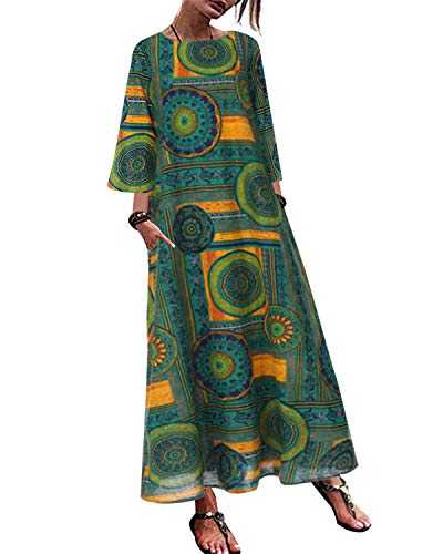 KIDSFORM Women Casual Vintage Maxi Dresses Short Sleeve Cotton Linen Oversize Printed Floral Dress Summer Green M