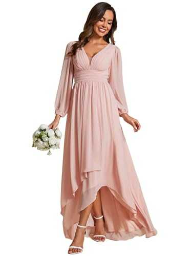 Ever-Pretty Women's Double V-Neck Sheer Long Sleeves High-Low Chiffon A-Line Evening Dresses 02043
