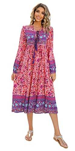 R.Vivimos Women's Casual Bohemian Print Neck Tie Long Sleeve Beach Style Long Midi Dress Vocation Dress (Small, Pink)