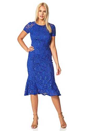 Roman Originals Women Floral Lace Overlay Dress - Ladies Luxury Ball Gown Shift Midi Lined Knee Length Stretch Formal Wedding Guest Party Evening - Royal-Blue - Size 18