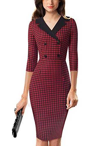 HOMEYEE Women's Vintage V Neck Houndstooth Stretch Bodycon Office Dress B570 (UK 8 = Size S, Red Houndstooth)