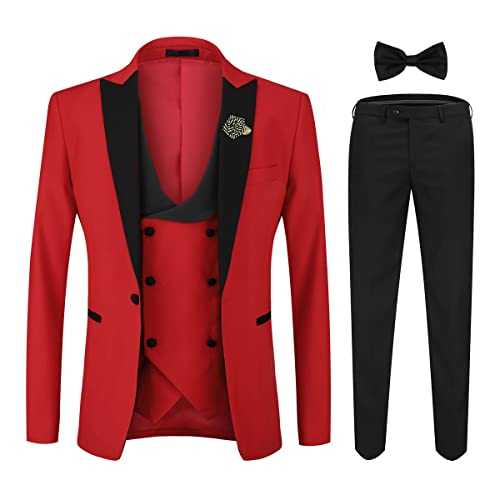 YOUTHUP Men's 3 Piece Suit Slim Fit Peak Lapel Tuxedo with Bowtie and Corsage 1 Button Blazer Waistcoat Pants