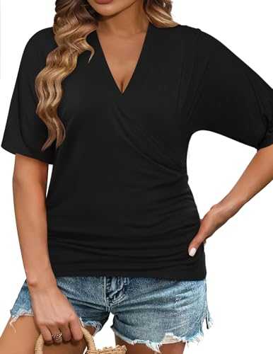 IN'VOLAND Womens Plus Size Tops V Neck Wrap Short Sleeve Shirts Casual Loose Dolman Top Tunic Blouses