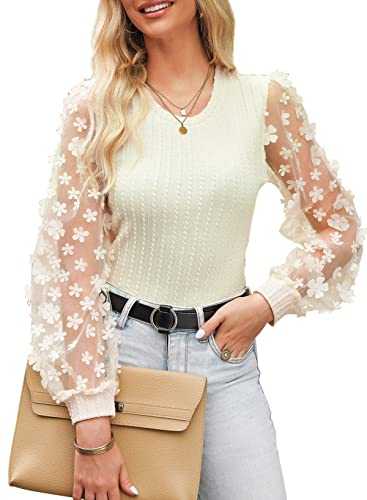 BLENCOT Ladies Tops Sheer Mesh Lace Long Sleeve Shirt Cute Floral Print Crew Neck Knit Blouse