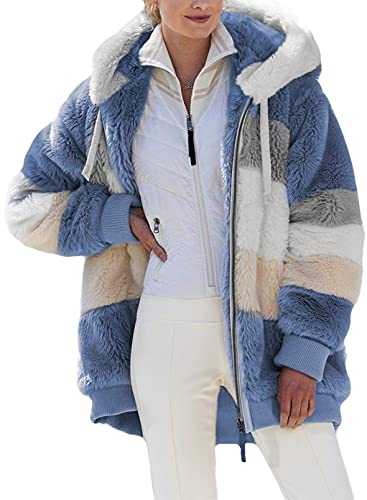 Dokotoo Womens Fuzzy Fleece Coat Colorblock Cardigan Jacket Open Front Hooded Drawstring with Pocket Outwear UK S-XXL
