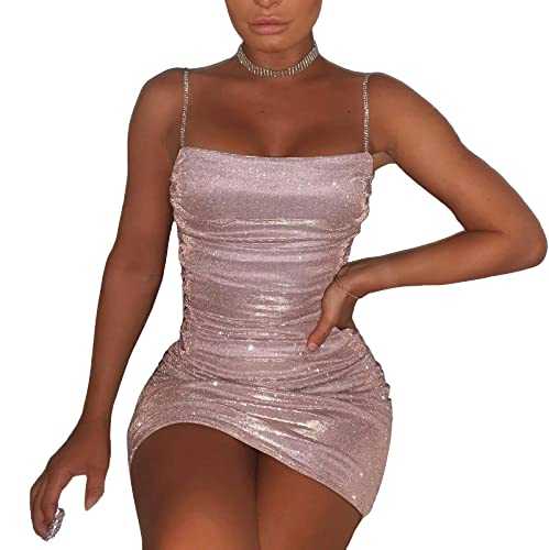 FeMereina Women's Sexy Glitter Spagetti Straps Sleeveless Ruched Bodycon Mini Club Party Dress