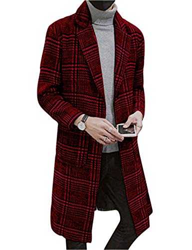 UANEO Men's Casual Notch Lapel Single Breasted Plaid Mid Long Trench Pea Coat