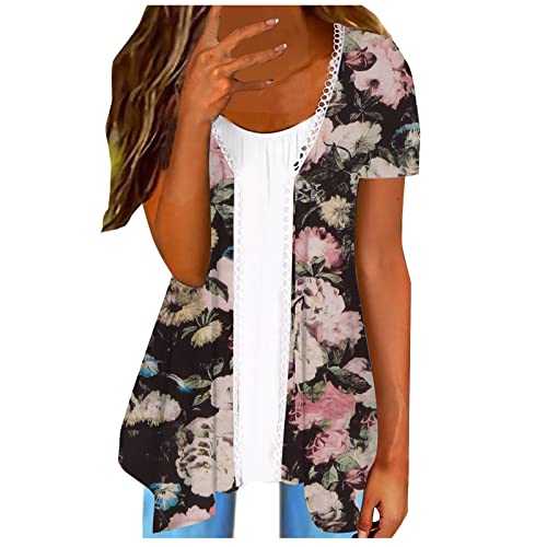 AMhomely Ladies Tops Summer Tops for Women UK Elegant Floral Printed T Shirts Blouse Casual Crew Neck Short Sleeve Tops Fake Two Pieces Plus Size Shirts Tunic Tops Loose Fit Tees Shirts