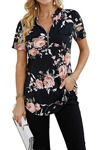 Ninedaily Women's Summer Tops Short Sleeve Casual Blouse Zip Floral Tunic Shirts