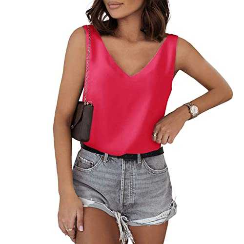 Womens Tank Tops Solid Silk Tee Tops Sleeveless Casual Shirts V Neck Sexy Blouse Soft Elegant Outwear Plus Size Loose T-Shirt Summer Club Outdoor Tunic