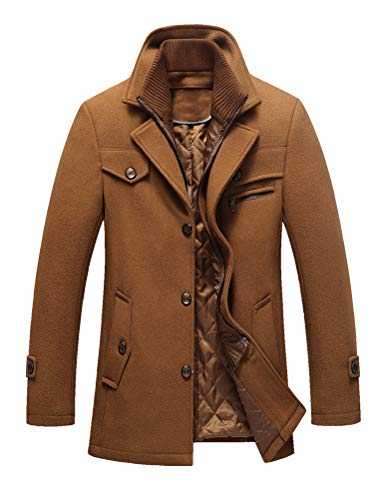 Tebreux Men's Winter Pea Coat Slim Fit Single Breasted Short Wool Jacket Woolen Trench Coat