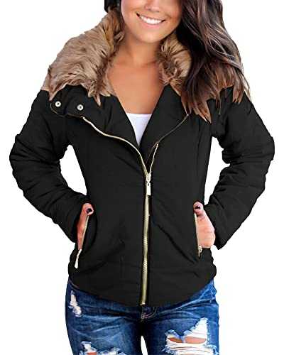 Vetinee Womens Winter Coats Quilted Puffer Jackets Faux Fur Lapel Zip Parka Jacket