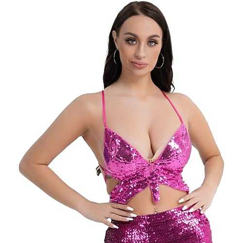 Women Belly Dance Crop Top Glitter Sequin Butterfly Top Low-Cut Tank Top Rave Vest Metallic Shiny Strappy Backless Sleeveless Sparkly Tube Top