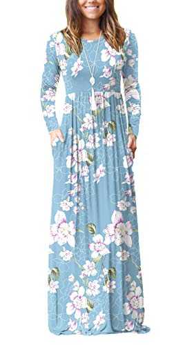 HAOMEILI Women's Casual Long/Short Sleeve Maxi Dress with Pockets (X-Small, Long Sleeve Floral Light Blue)