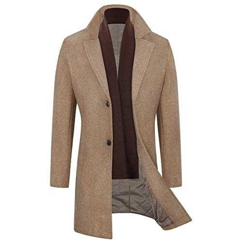 WULFUL Men's Slim Fit Wool Coat Winter Long Trench Coat with Free Detachable Soft Scarf