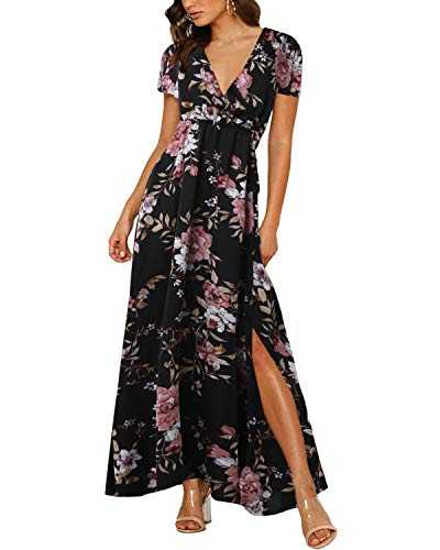 Auxo Women Floral Print V Neck Maxi Dress Wrap Short Sleeve Front Split Casual Summer Cocktail Beach Sundress 05-Black L