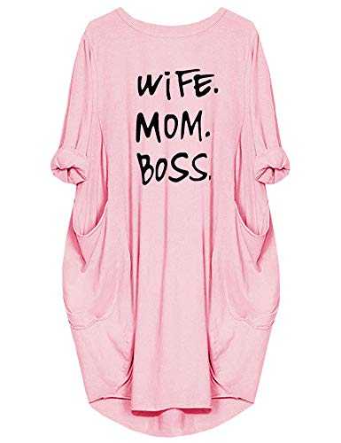 Rfecccy Women's Wife Mom Boss Tunic Dress Long Sleeve Oversize Baggy Causal Loose Dress with Big Pockets