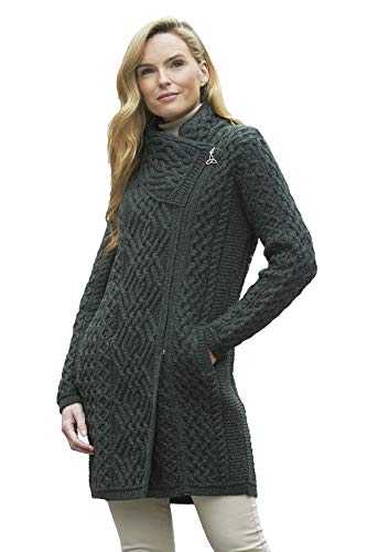 Aran Crafts Women's Irish Soft Cable Knitted Side Zip Coat (100% Merino Wool)